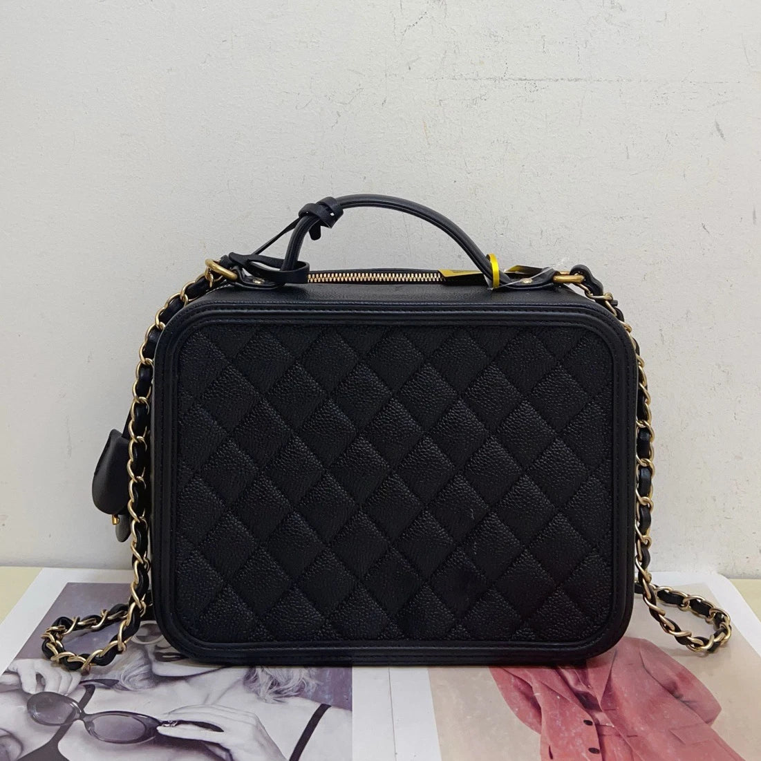 Chanel Calfskin Diamond Camera Bag Chain Crossbody Top Handle Bag Black