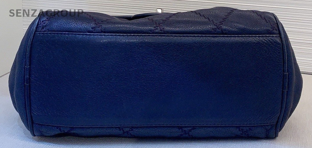 Chanel Classic Flap Calfskin Chain Shoulder Bag Blue Silver Used Women