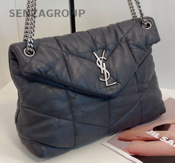 Saint Laurent LouLou Purffer GM Chain Shoulder Bag Gray Silver Women Classic