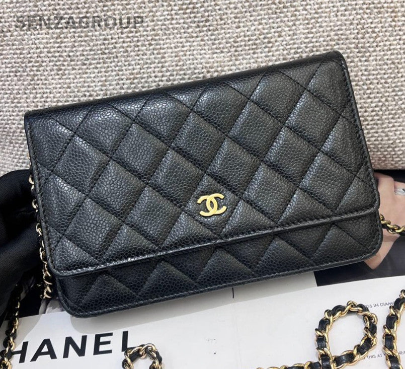 Chanel WOC Diamond Chain Crossbody Shoulder Bag Black Gold Women Classic
