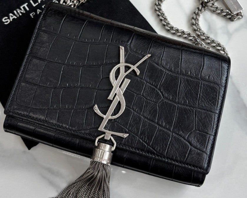YSL Saint Lauren Kate Chain Shoulder Crossbody Bag Black Silver Classic