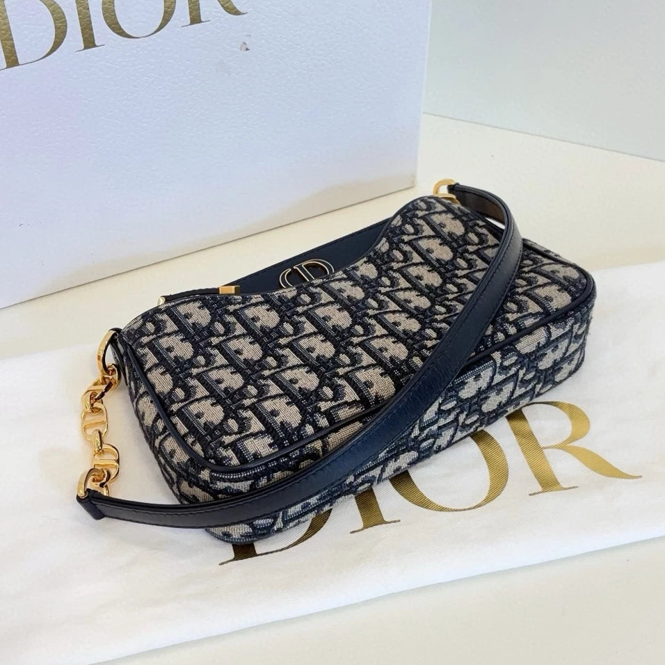 Christian Dior Hobo Avenue Canvas Shoulder Bag Blue Gold Used Women Classic