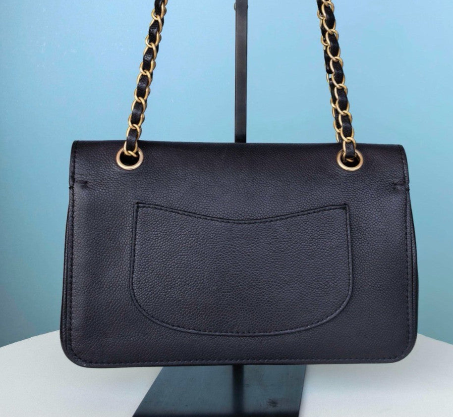 Chanel Classic Flap Chain Calfskin Shoulder Bag Crossbody Black Gold Women