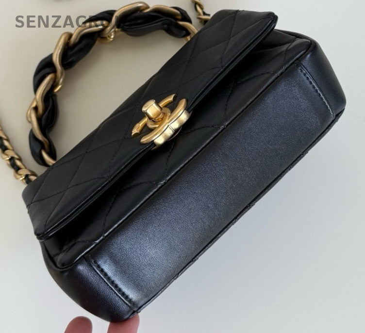 Chanel Diamond Mini Chain Top Handle Bag Crossbody Black Gold Used Women Classic