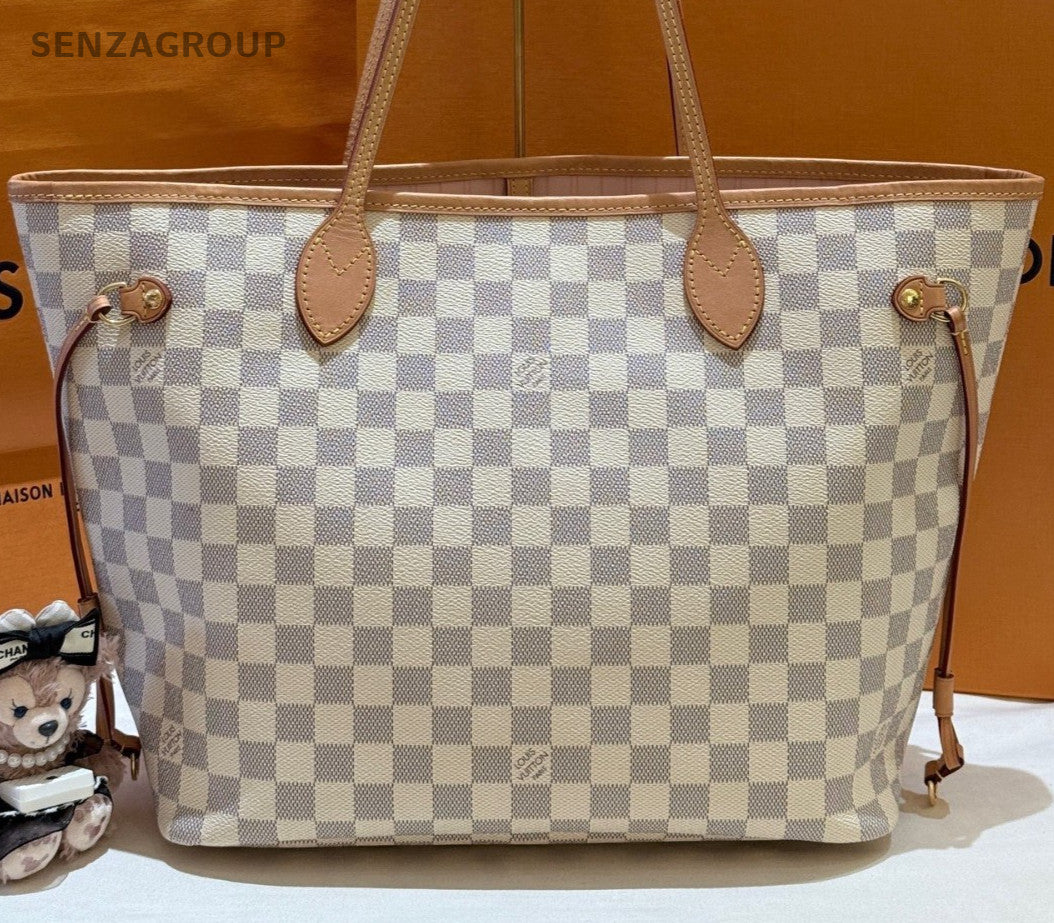 Louis Vuitton Neverfull MM White Damier Tote Shoulder Bag Women Classic