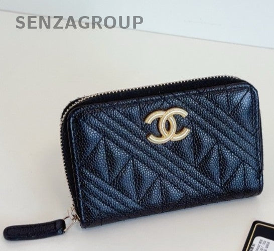 Chanel Calfskin Wallet Black Gold Used Women Classic