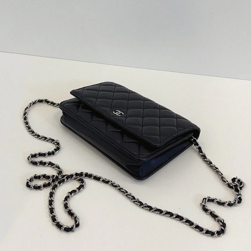 Chanel WOC Chain Lambskin Shoulder Crossbody Diamond Black Silver Women Classic
