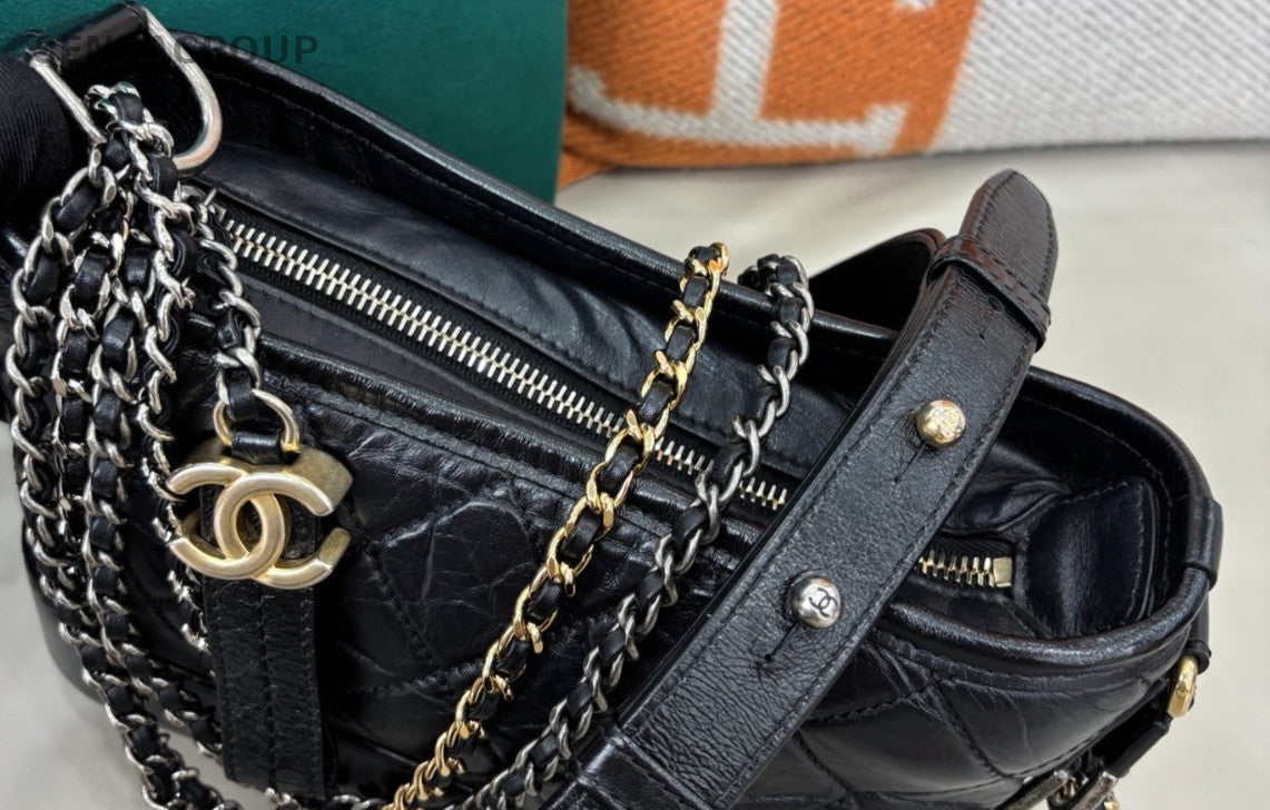 Chanel Gabrielle PM Chain Shoulder Bag Diamond Black Gold Women Classic Designer