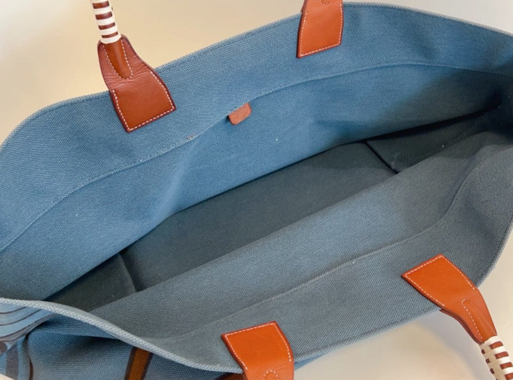 Hermes Steeple Canvas Handbag Blue Used Women Designer Classic