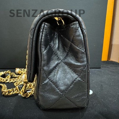Chanel Classic Flap Quilted Lambskin Chain Shoulder Bag Black Gold