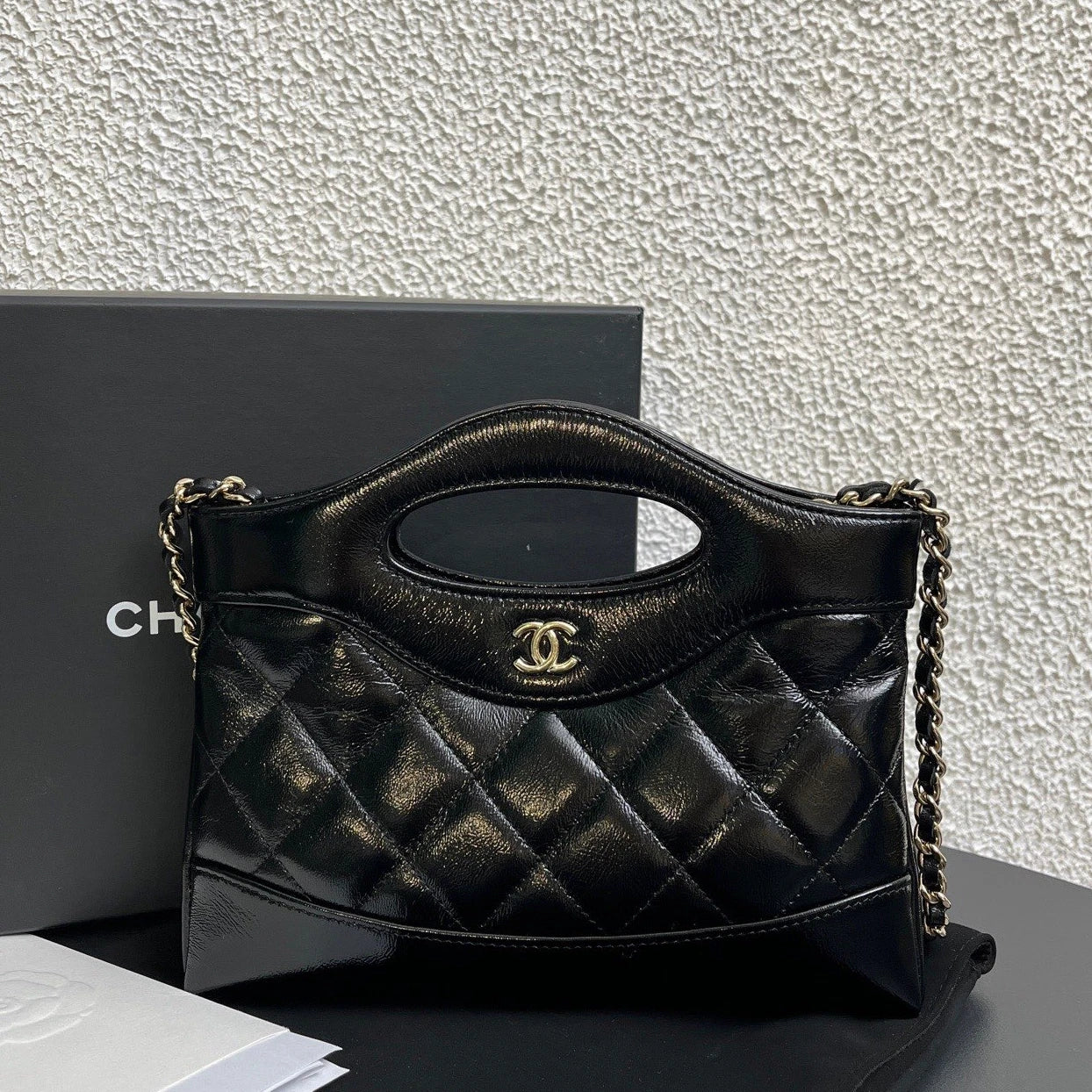 Chanel 31Bag Nano Chain Top Handle Crossbody Black Gold Diamond Women Classic