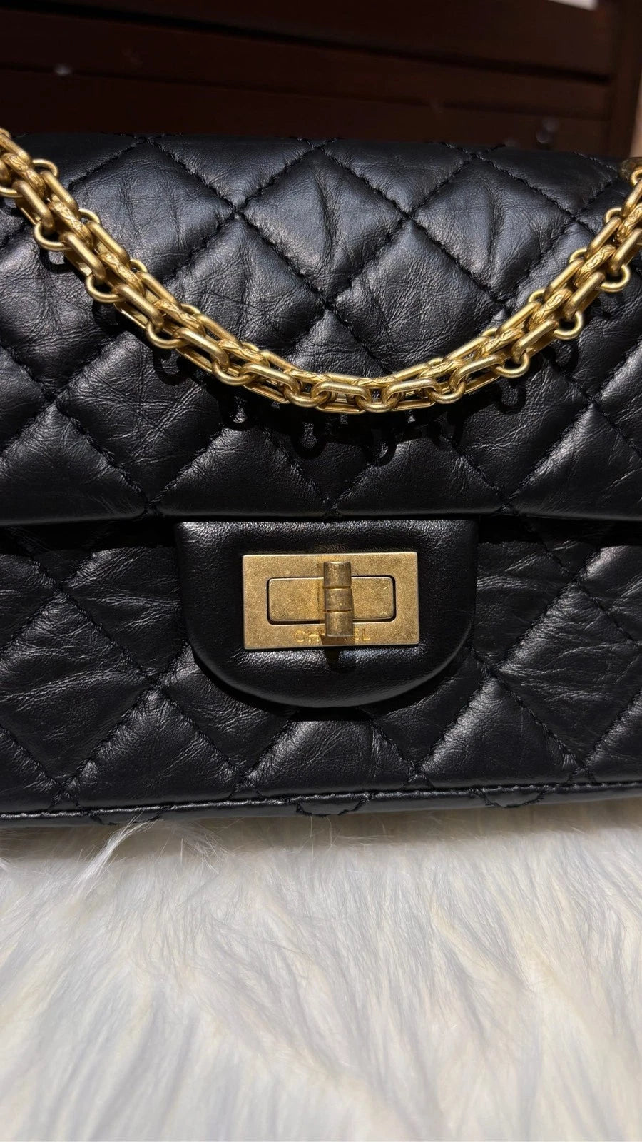 CHANEL 2.55 Black Gold Buckle Large Mini Chain Shoulder Bag For Women
