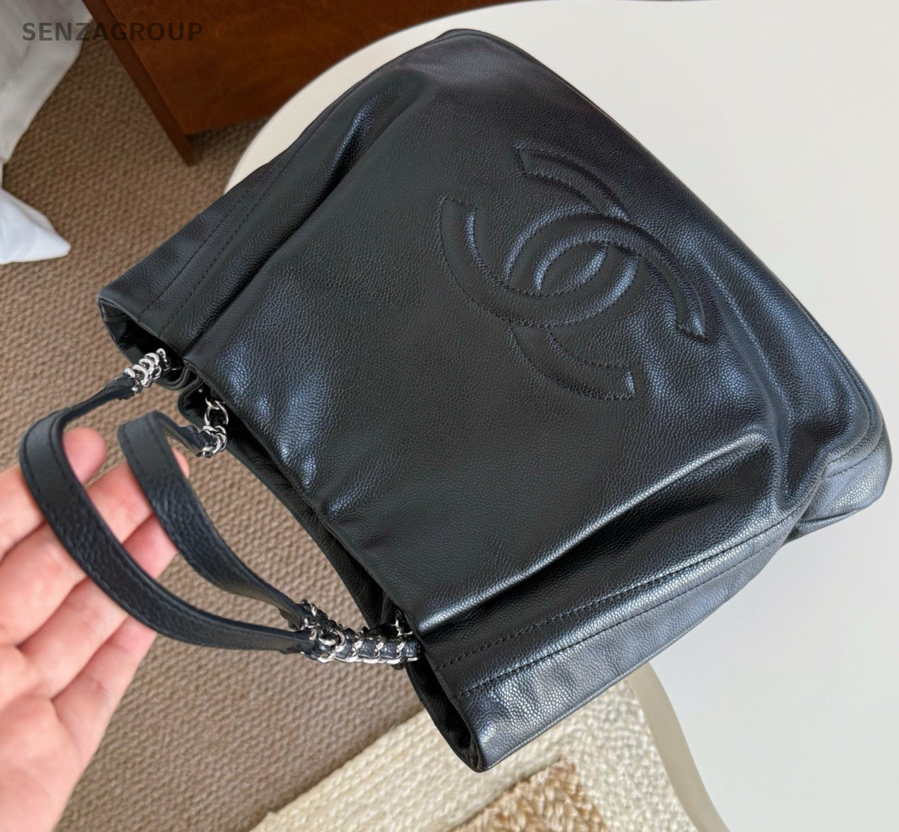 CHANEL CC Logo Relief sculpture Tote Calfskin Shoulder bag Women Black Silver