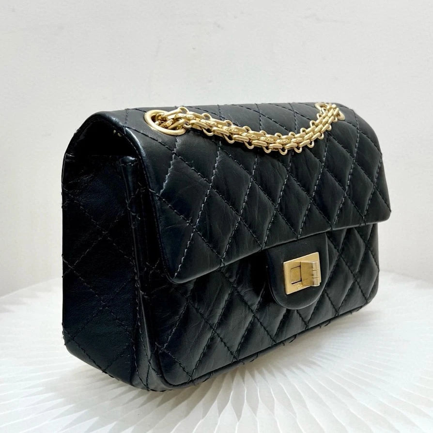 Chanel 2.55 Mini Calfskin Chain Shoulder Bag Crossbody Black Gold Women Classic