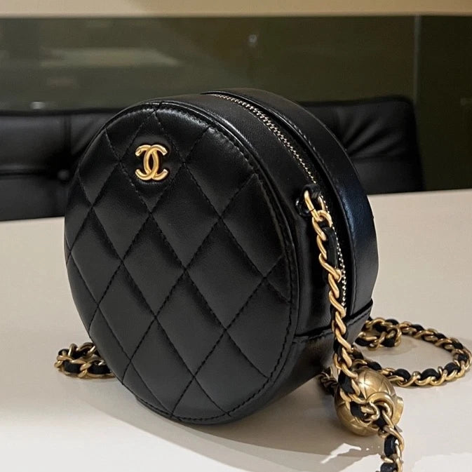 Authentic CHANEL Gold Ball Black Gold Mini Round Crossbody Bag