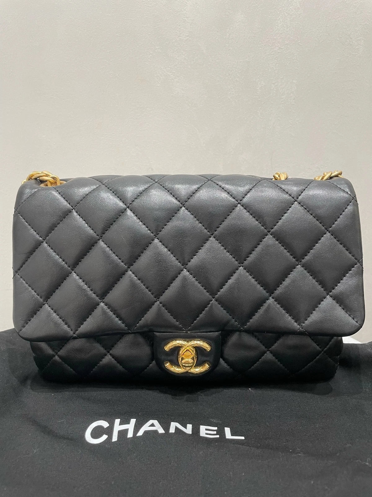 Authentic CHANEL Lambskin Black Flap Shoulder Bag For Women