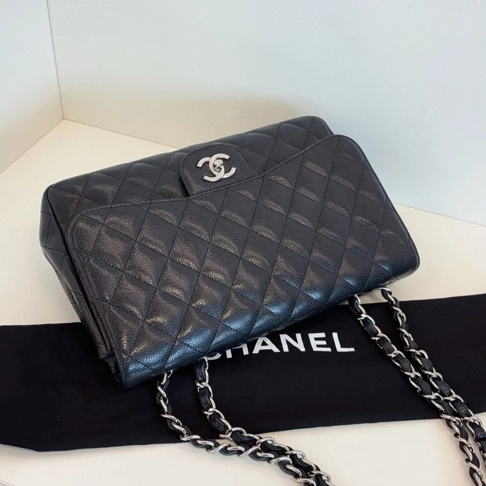 Chanel Classic Flap Jumbo Chain Shoulder Crossbody Black Silver Women Diamond