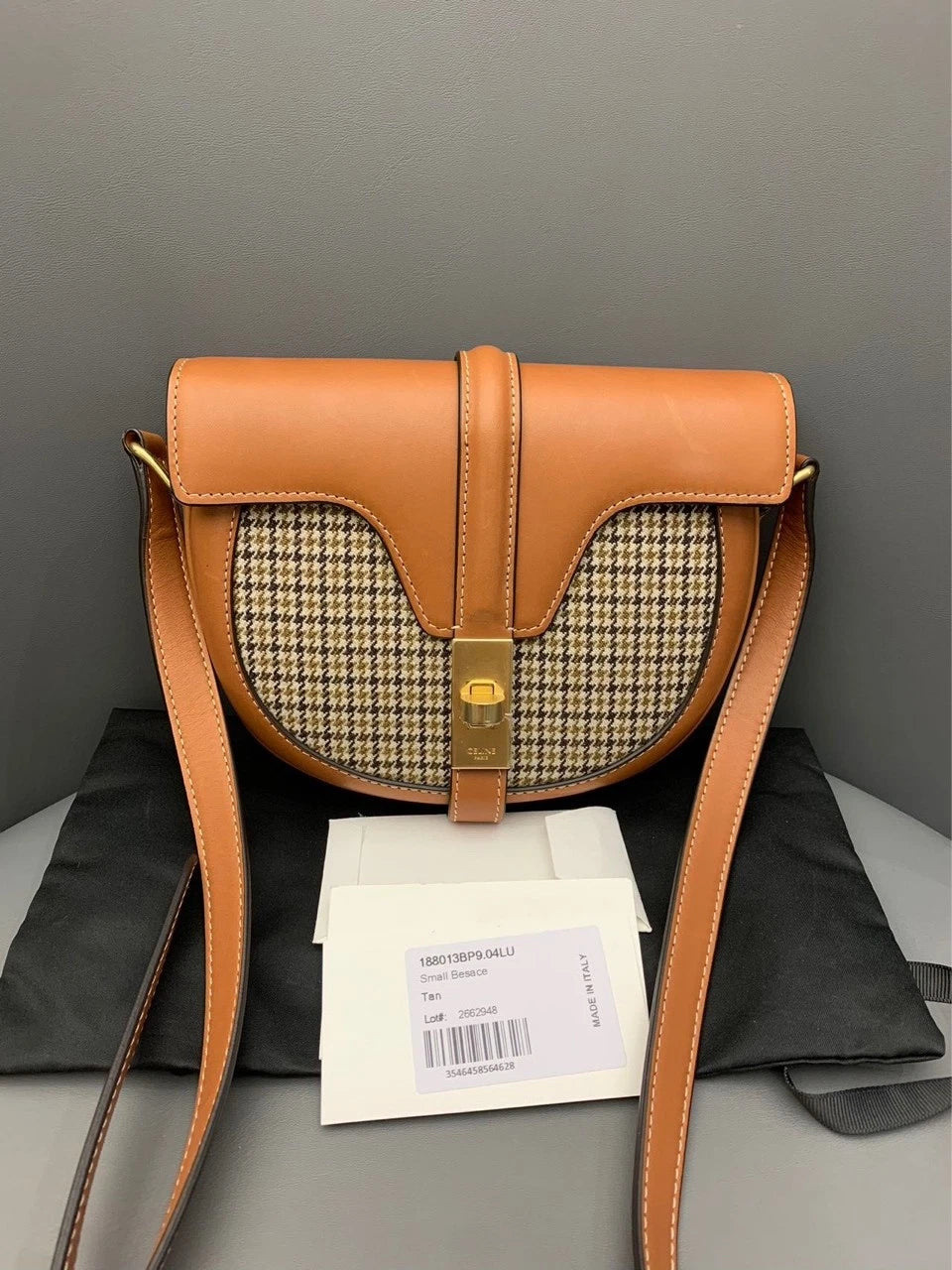 CELINE Besace PM Saddle Bag Brown Fabric Leather Crossbody Bag For Women