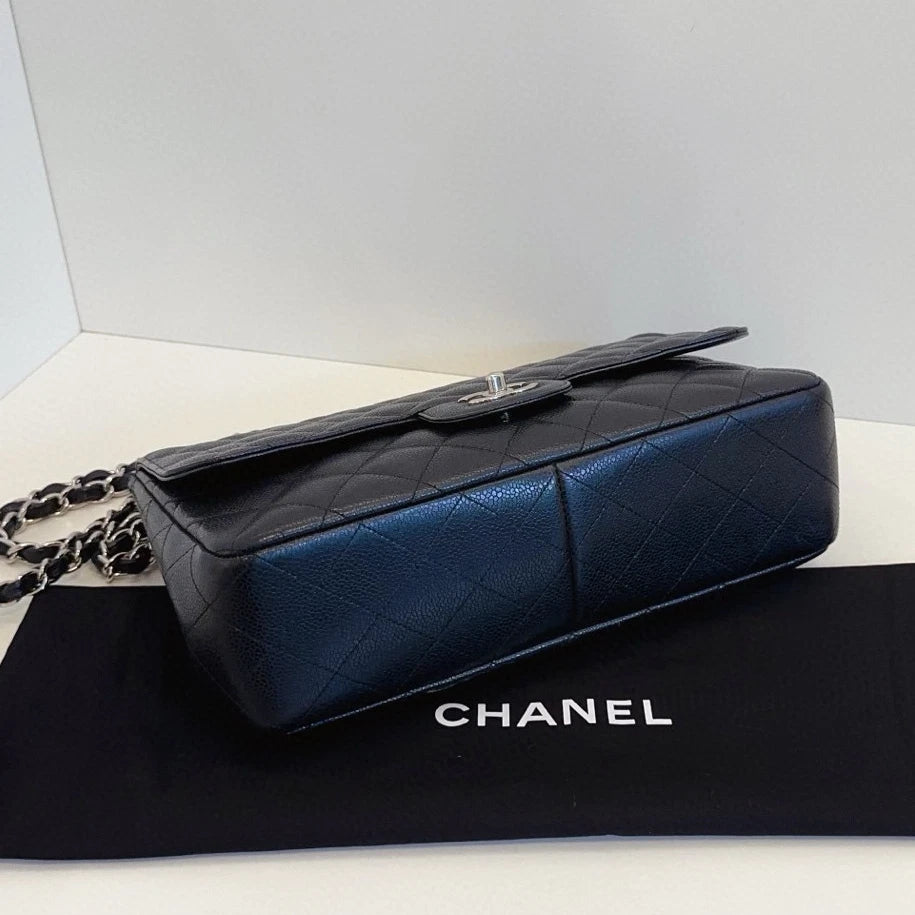 Chanel Classic Flap Jumbo Chain Shoulder Bag Crossbody Black Silver Women