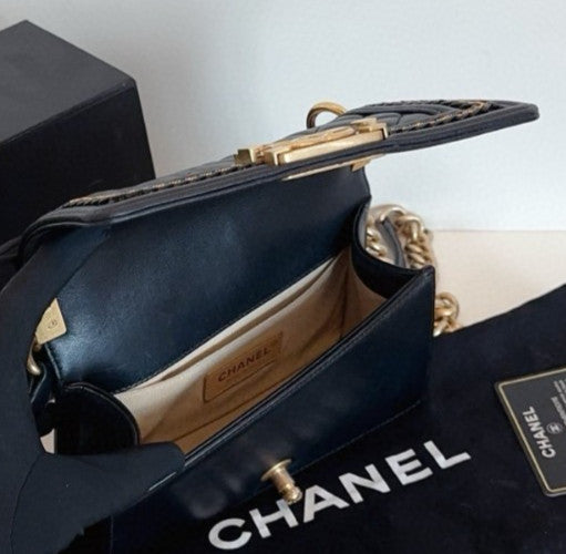 Chanel Leboy PM Chain Shoulder Bag Crossbody Black Gold Women Classic Fashion