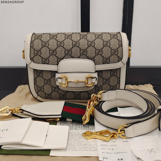 Gucci Horsebit 1955 Mini Saddle Bag White Gold Classic Women Shoulder Crossbody