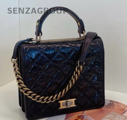 Chanel Quilted Leather Top Handle Shoulder Crossbody Bag Black Gold Women