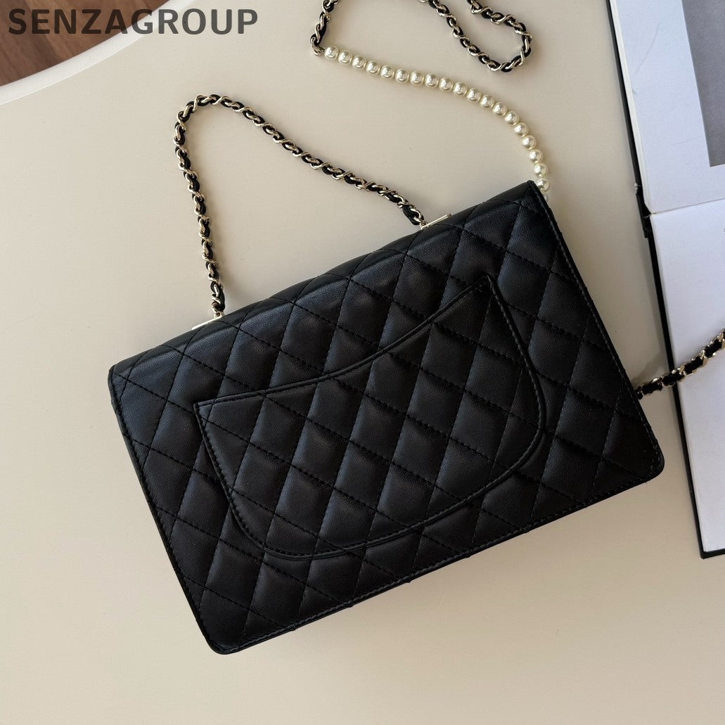 Chanel WOC Diamond Pearl Chain Shoulder Crossbody Black Gold Women Classic