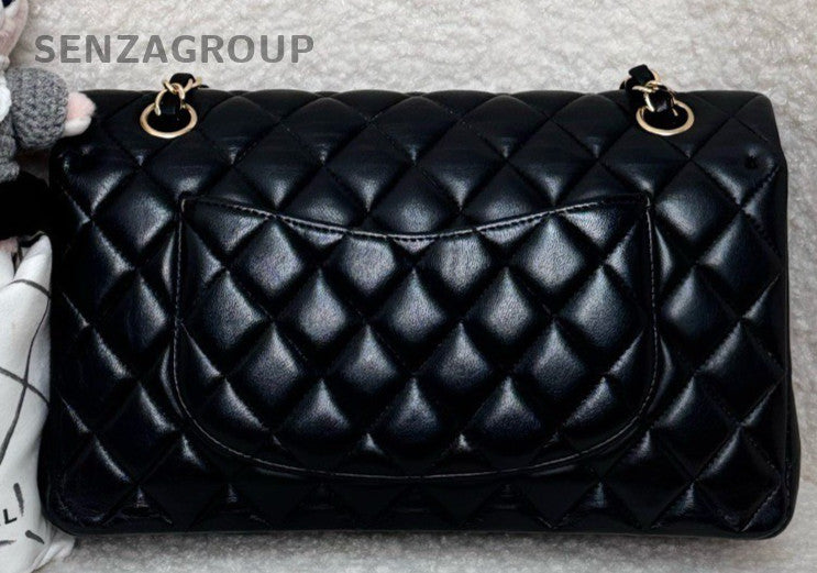 Chanel Classic Flap Lambskin MM Chain Shoulder Bag Black Gold Used Women