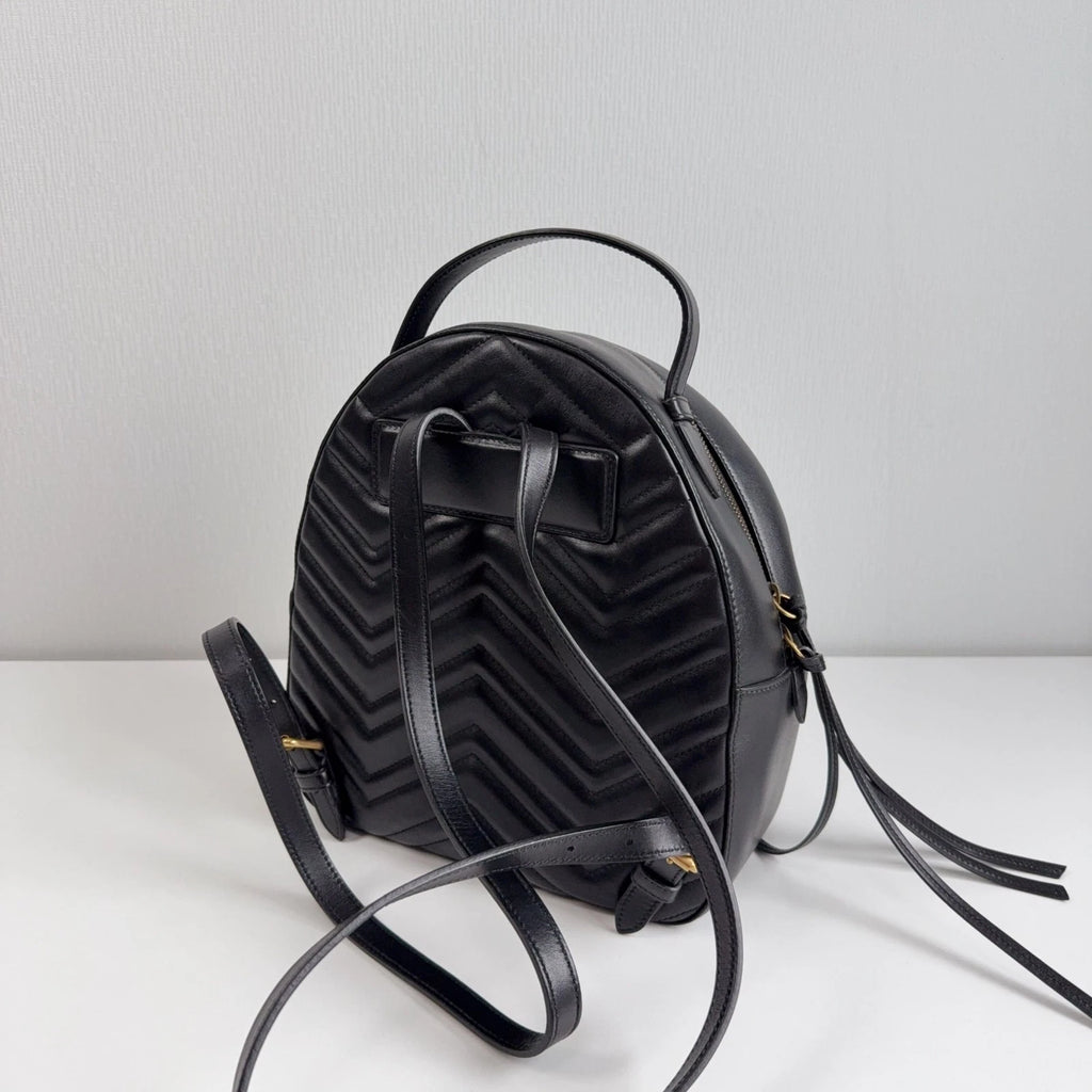 GUCCI Marmont Double G Black Gold Leather Backpack Handbag For Women