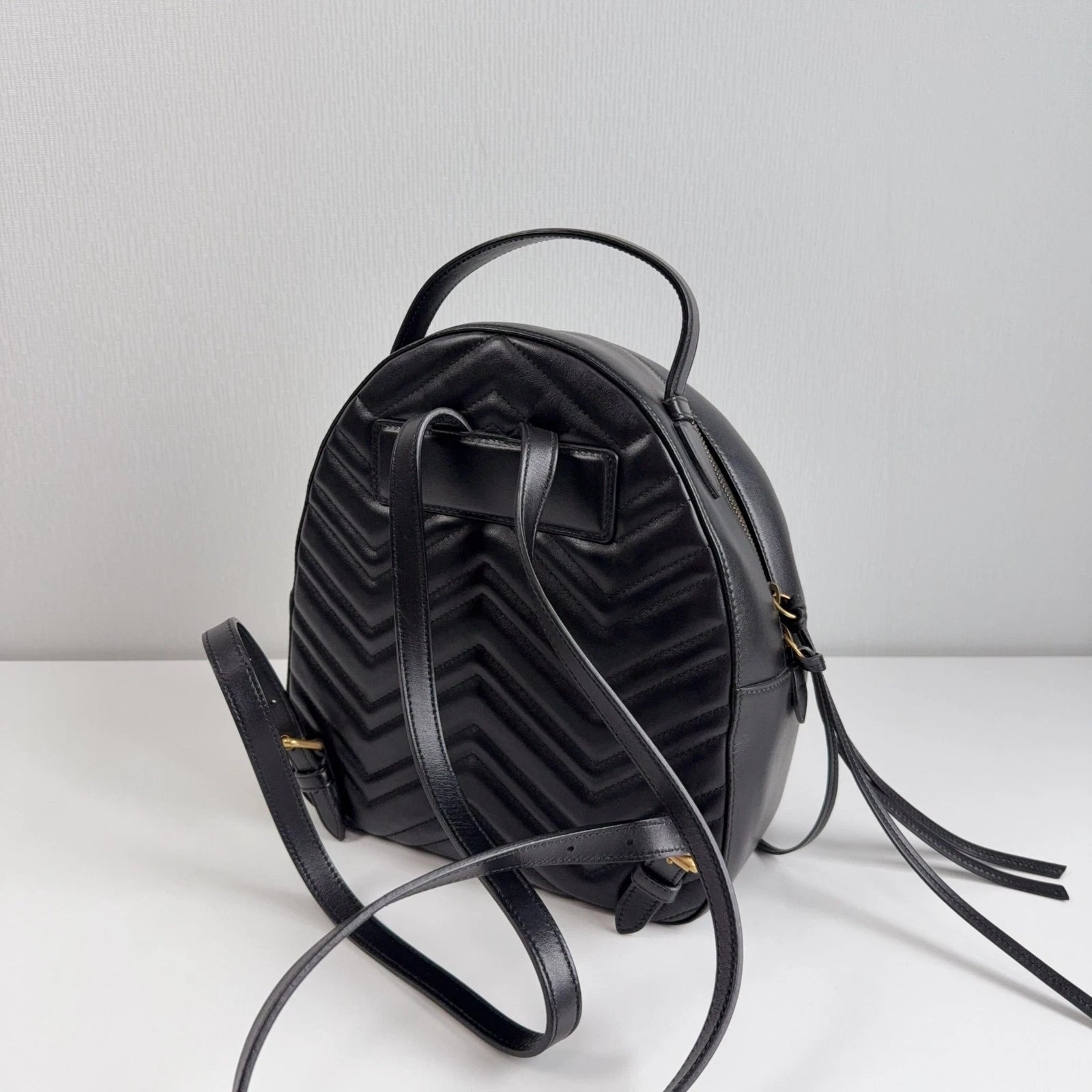 GUCCI Marmont Double G Black Gold Leather Backpack Handbag For Women