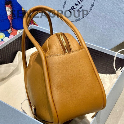 Prada Soft Grain Leather Brown Handbag Shoulder Bag Classic Logo