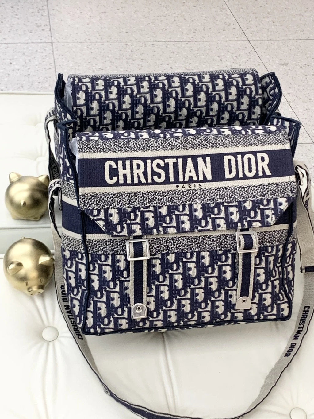 Christian Dior Camp Oblique Shoulder Crossbody Bag Blue Silver Unisex S