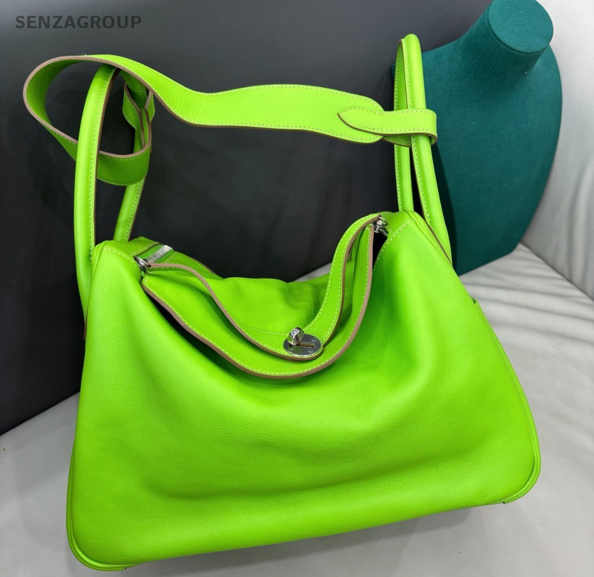 Hermes Lindy34 Top Handle Bag Shoulder Bag Green Silver Used Women Classic