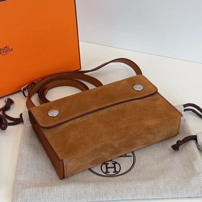 Hermes Snap Wallet Suede Crossbody Brown Silver Used Women Classic