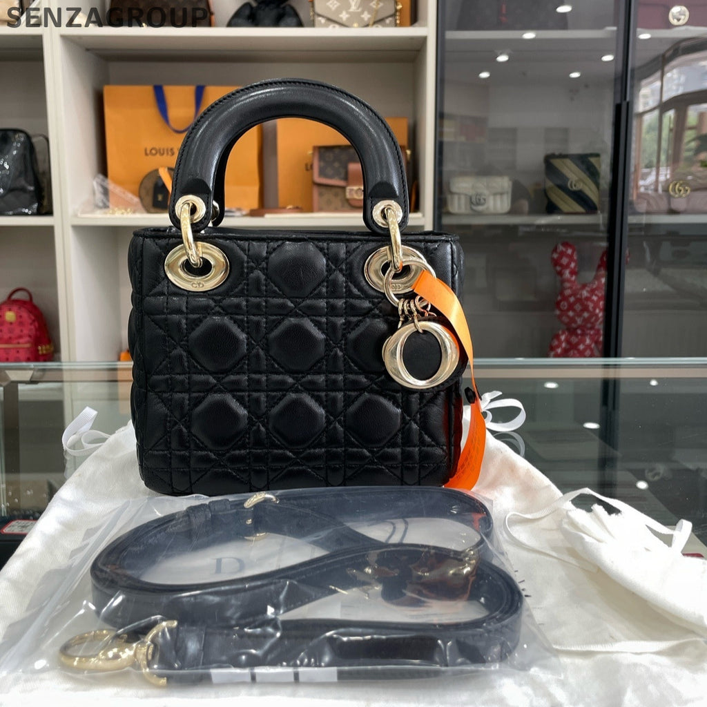 Dior Lady Dior Lambskin Cannage Black Gold Handbag Classic Women