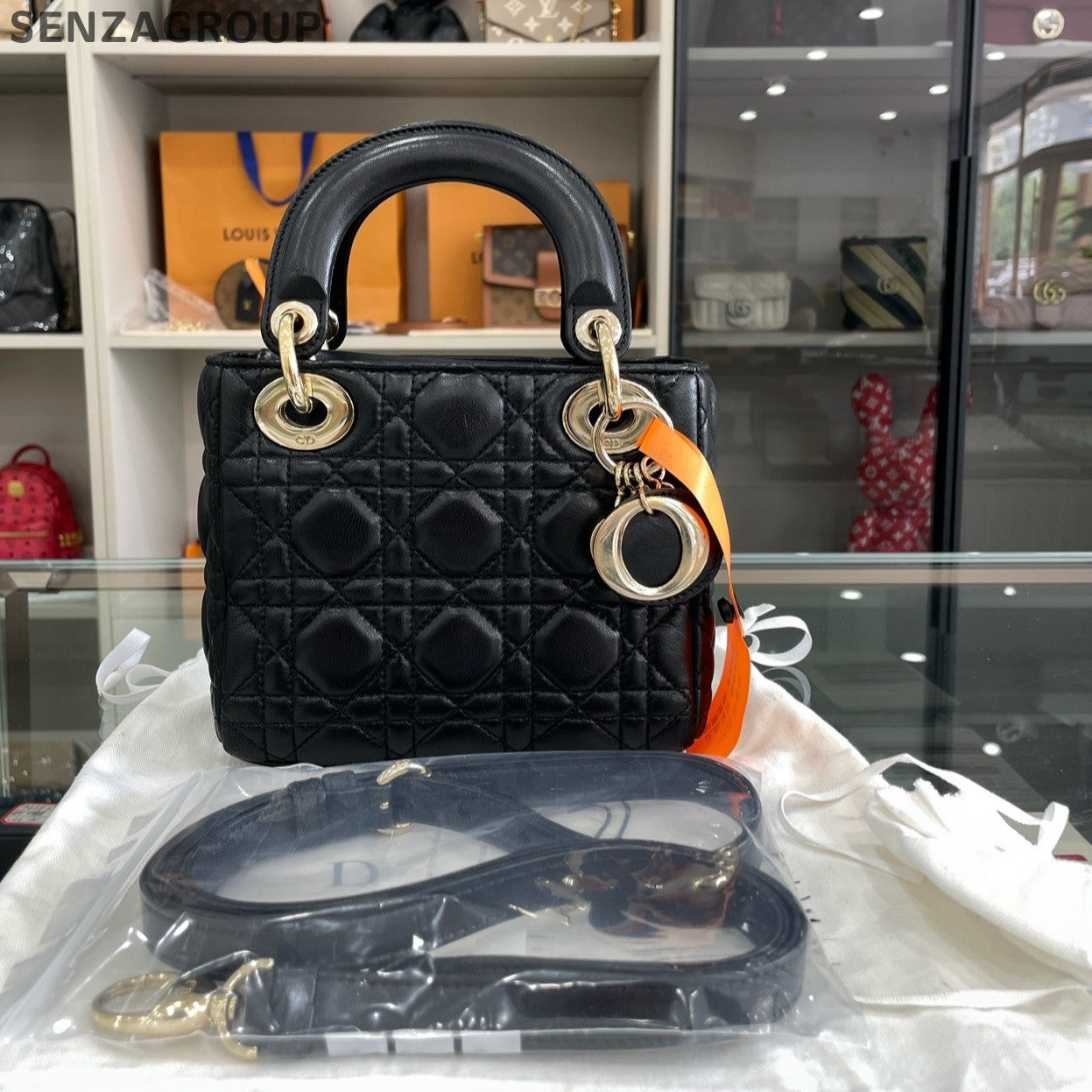 Dior Lady Dior Lambskin Cannage Black Gold Handbag Classic Women