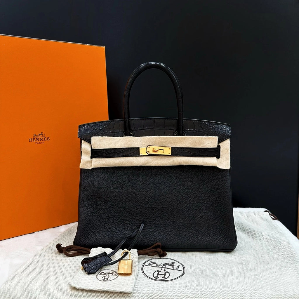 Hermes Birkin30 Black Gold Togo Leather Handbag For Women