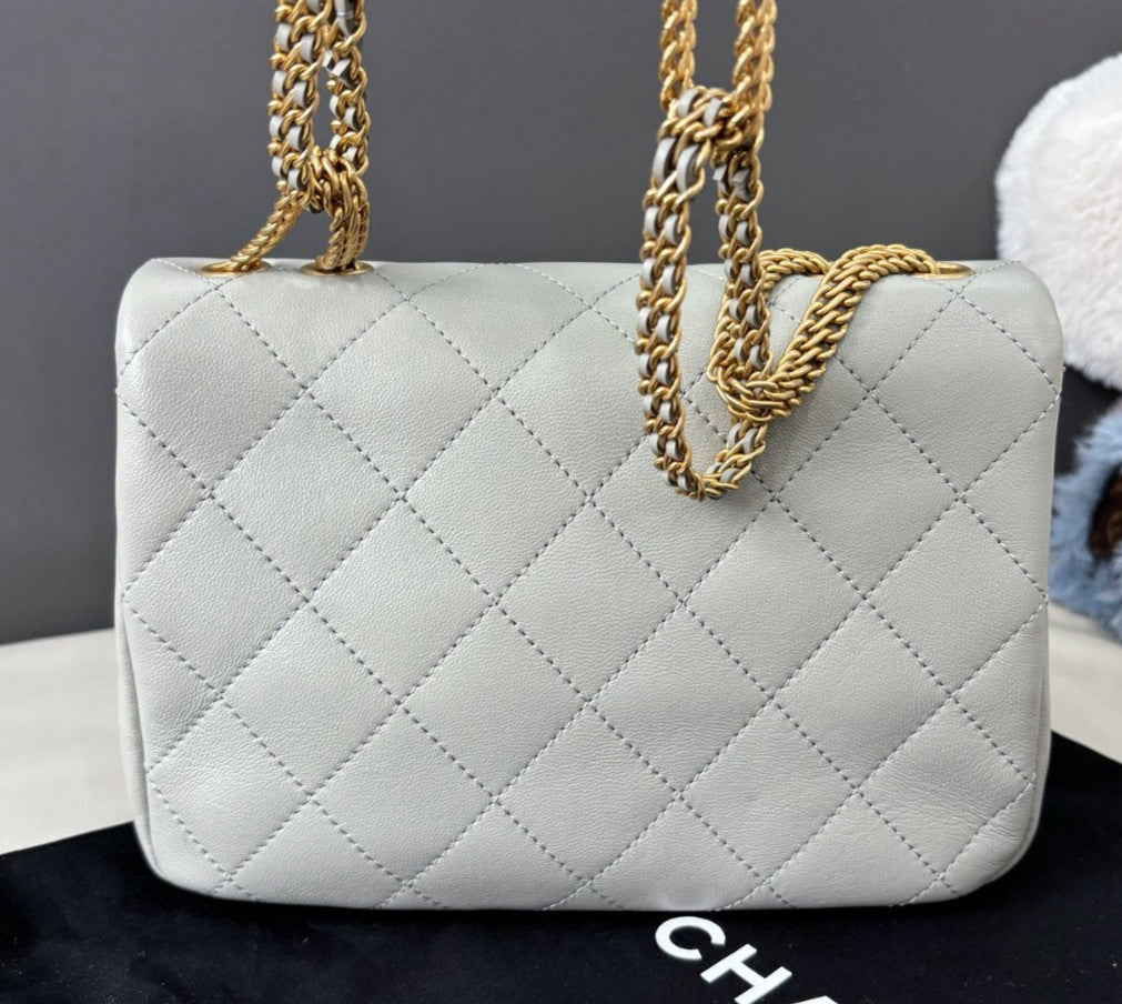 Chanel Diamond Double Chain Shoulder Bag Gray Gold Women Classic Fashion