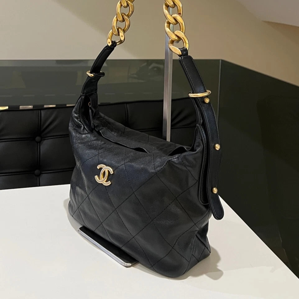 Chanel Black Gold Quilted Chain Hobo Shoulder Bag Classic Women
