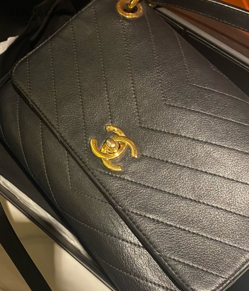 CHANEL Saddle Bag Top Handle Bag Chain Shoulder Bag Black Gold Women Classic