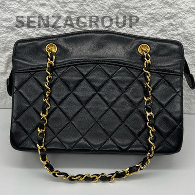 Vintage Chanel Small Lambskin Quilted Tote Chain Shoulder Bag Black Gold