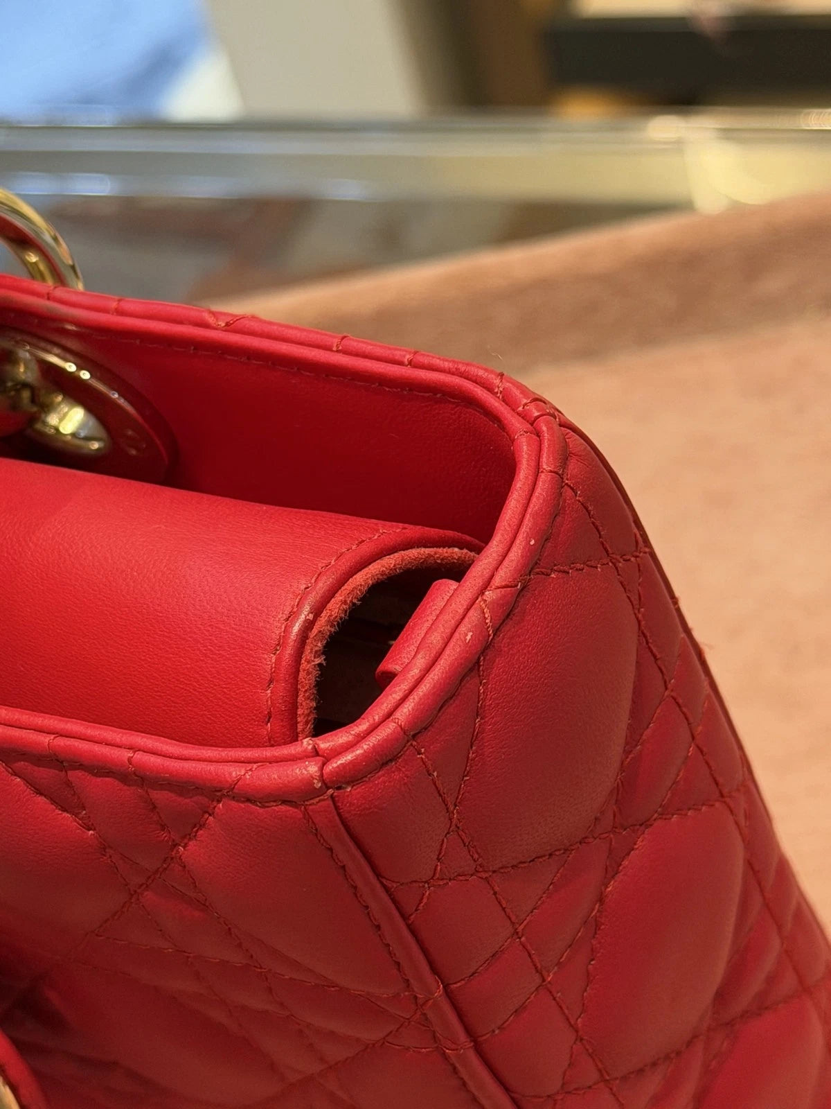 Christian Dior Lady Dior Cannage Top Handle Crossbody Red Gold Women Classic