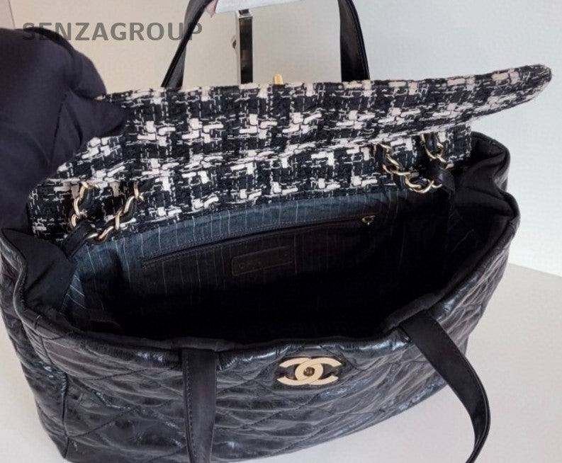 Chanel Diamond Calfskin Tote Handbag Chain Shoulder Bag Black Gold Women Classic