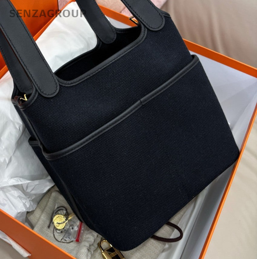 Hermes Cargo Picotin18 Top Handle Bag Black Gold Women Classic Fashion