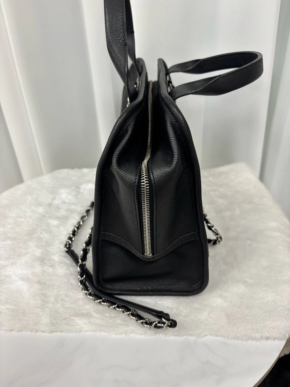 Authentic CHANEL Black Leather Big Logo Bowling Bag for Women