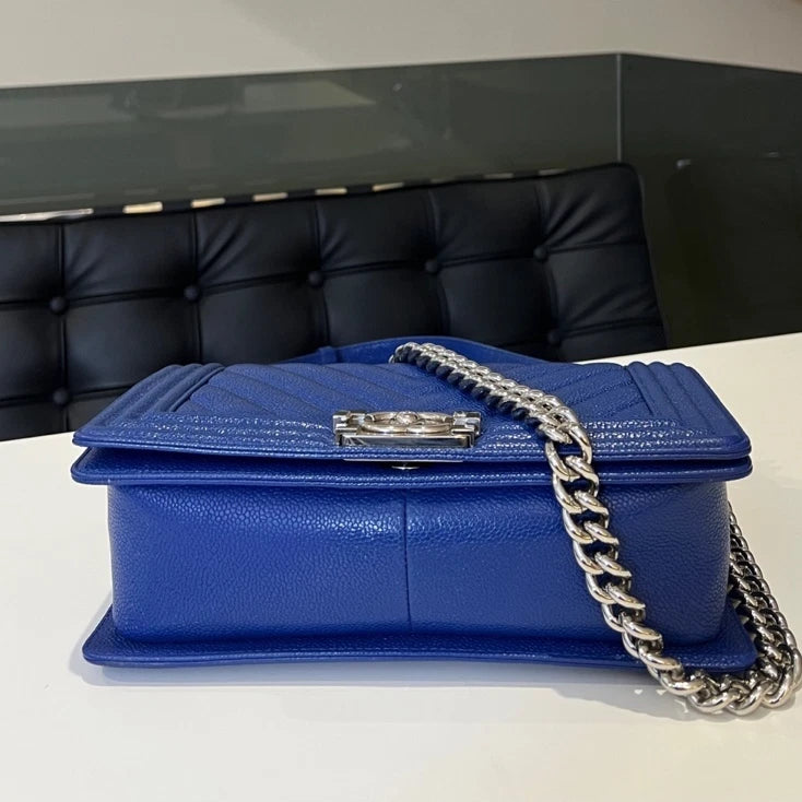 Chanel Le Boy Medium Chevron Chain Shoulder Bag Blue Silver Classic