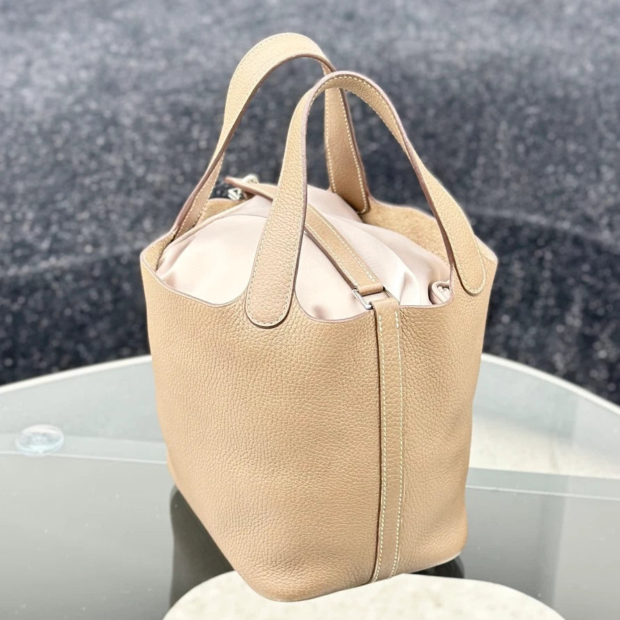 Hermes Picotin 18 Bucket Calfskin Top Handle Bag Gray Women Fashion S