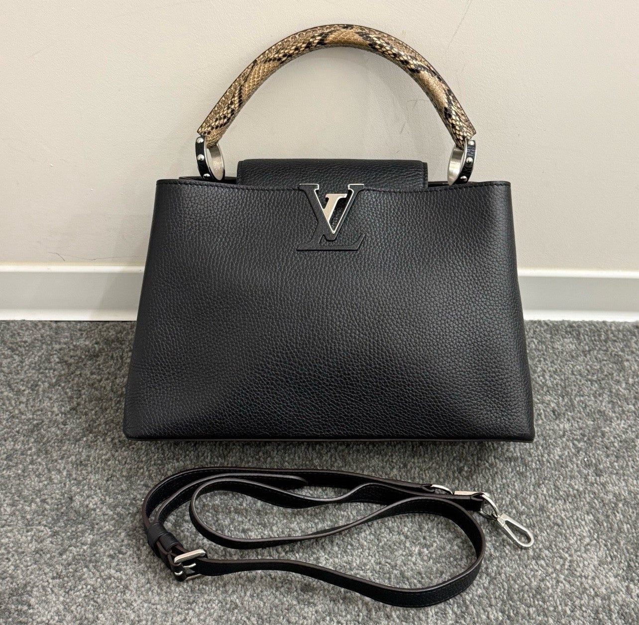 Louis Vuitton Capucines PM Calfskin Top Handle Crossbody Black Silver Women