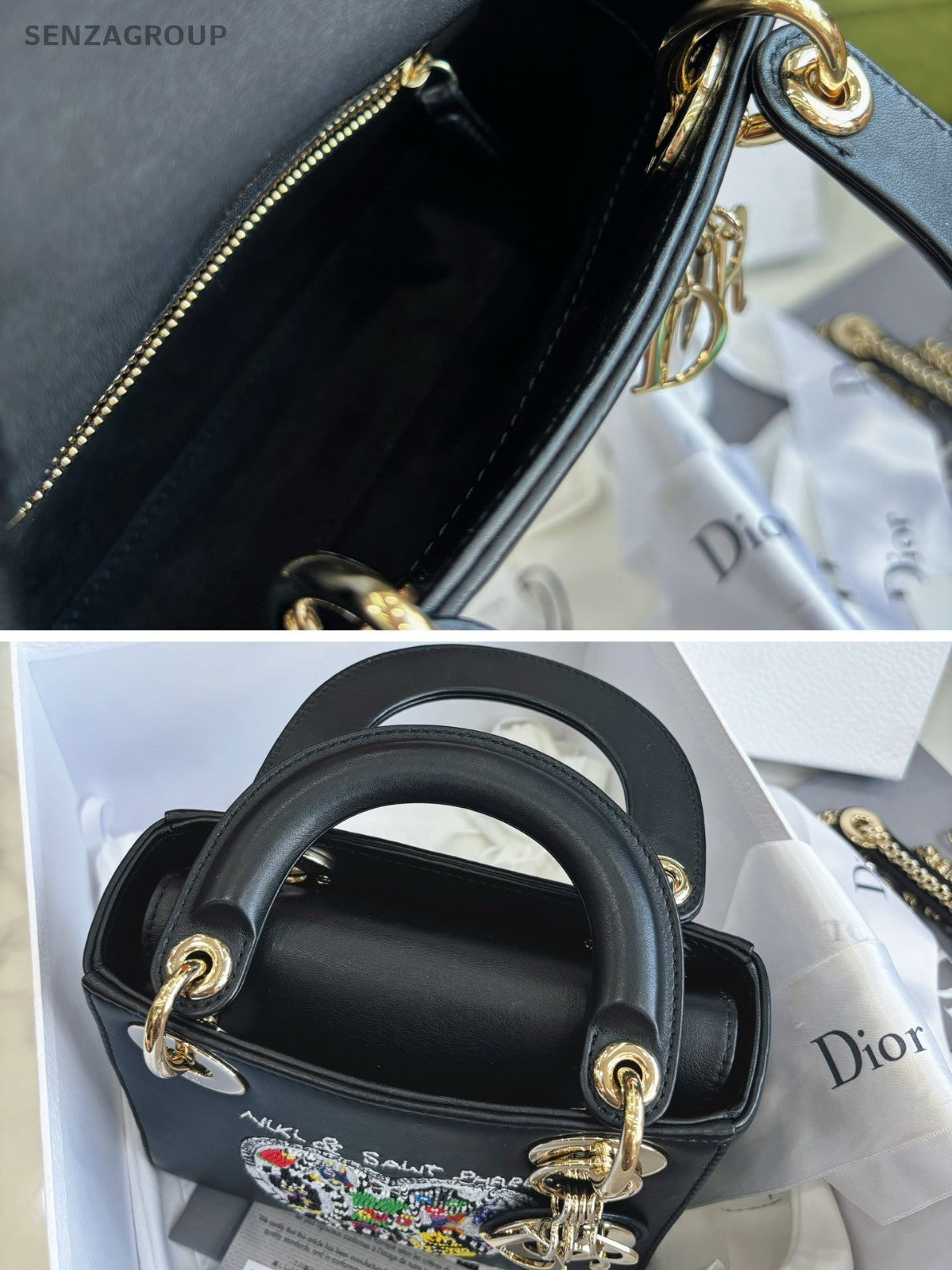 Chirstian Dior Lady Pearl Embroidery Top Handle Chain 2way Shoulder bag Black