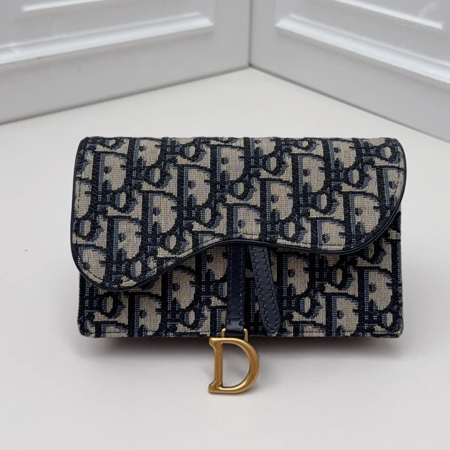 Christian Dior Oblique WOC Chain Shoulder Bag Crossbody Blue Gold Women Classic